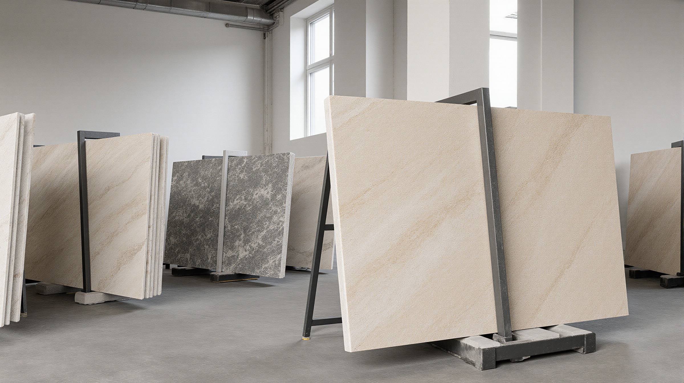 Keramik- und Natursteinplatten auf Traggestellen in einer hellen Lagerhalle